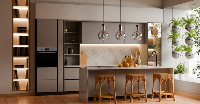 Modern luxury kitchen interior design with island counter decorative lighting and hanging plants for real estate- 3D rendering
