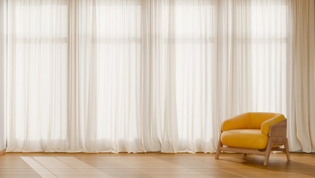 Minimalist living room interior design featuring a stylish yellow armchair and sunlight through sheer curtains- 3D rendering
