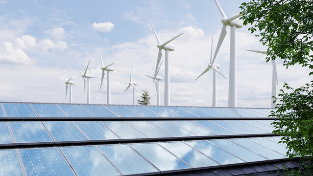 Renewable energy power generation concept with solar panels and wind turbines for sustainable industrial technology- 3D rendering