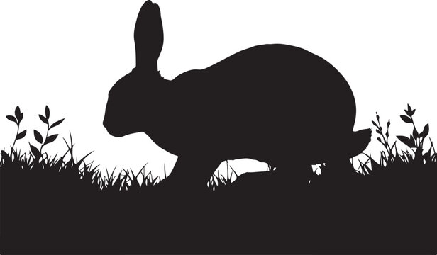 Black silhouette of a rabbit in grass, profile view plants