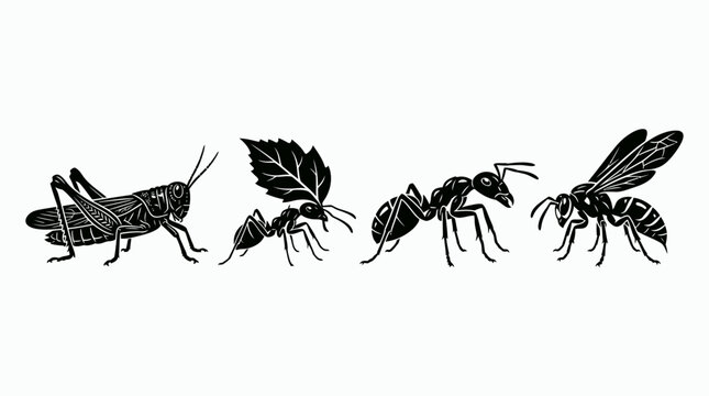 Monochromatic vector illustration of various insects: a grasshopper, two ants (one carrying a leaf), and a wasp, depicted in a graphic, side-view style.