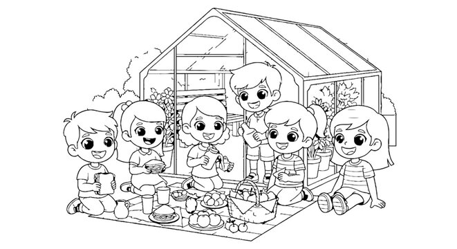 Group of cartoon children playing in a treehouse together.