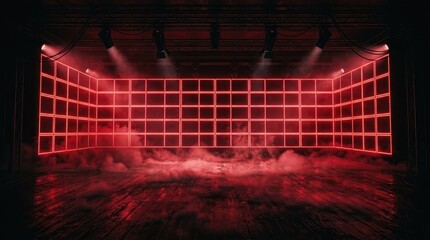Naklejka premium Dramatic halloween stage lighting red led wall and fog effects for spooky events and performances