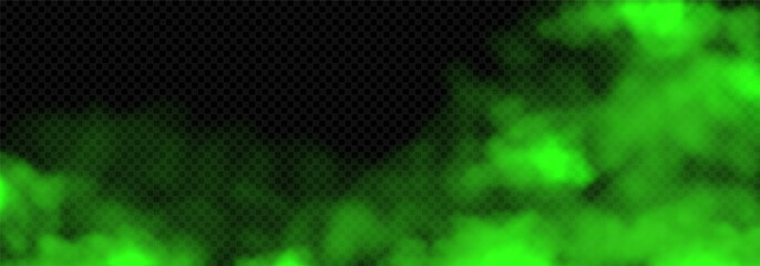 Toxic green gas clouds. Vector illustration of toxic fog, magic mist or creepy steam on dark checkered background with glowing effect for Halloween design or decoration of background. © Yaran