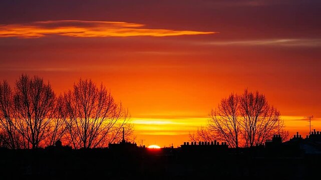 A vibrant orange sunset glows behind dark silhouettes of trees and city buildings