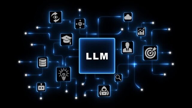 LLM Artificial Intelligence Concept with Connected Technology Icons in Blue Neon Digital Network on Dark Futuristic Background