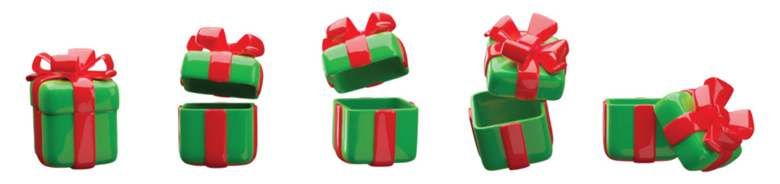 A 3D set of consecutively arranged green gift boxes, from closed to open.