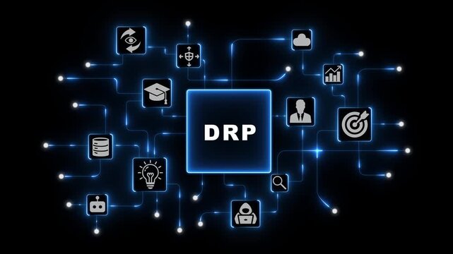 DRP Recovery Planning Concept with Connected Enterprise Icons in Blue Neon Digital Network on Dark Technology Background