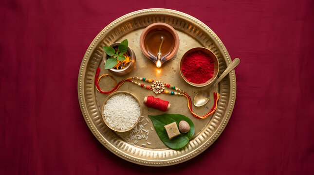Traditional rakhi puja thali flat lay with rakshabandhan thread sweets and roli kumkum