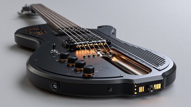 Flat front perspective of a trendy travel electric guitar with a built-in amplifier structure, solid matte black body finish, an integrated 1mm matte PC board panel seamlessly flus