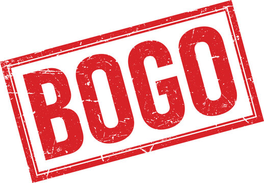 Vintage red ink rubber stamp showing the word BOGO inside a rectangular grunge textured frame