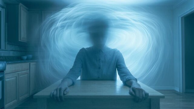 Woman sitting at table experiencing mental breakdown. Blurred head surrounded by light aura representing psychological pain, burnout and split personality disorder.
