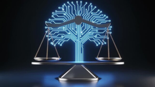Glowing circuit tree balanced with metallic scales, symbolizing ethics, justice, and fairness in technology.