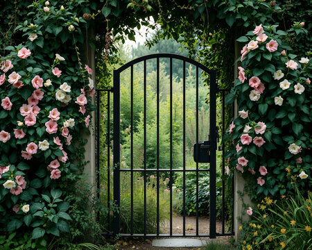Portail en fer forge elegant encadre de roses grimpantes en fleurs roses et blanches, entree de jardin romantique avec vegetations luxuriantes et ambiance champetre enchanteresse