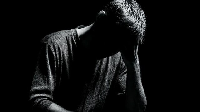 Man suffering from depression covering face with hand. Sad man feeling pain and emotional stress. Psychological disorder and mental health crisis concept portrait.