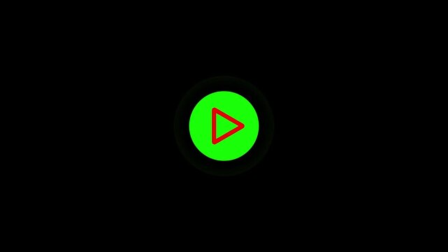 Minimalist play button animation with a glowing green circular border and a red triangular icon on a solid black background, ideal for media player interface or video content.4K Animation Stock Video