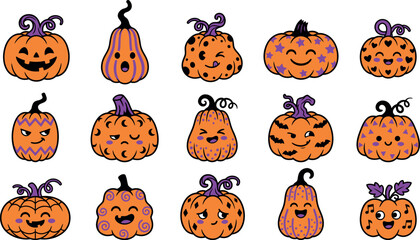Obraz premium Halloween colorful pumpkin bundle set collection on transparent background kawaii jack o' lantern graphics