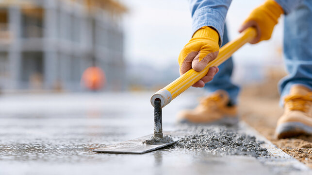 Worker leveling freshly poured wet concrete on floor slab, long handle tool, construction site daylight