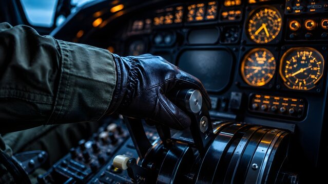 Pilot Gloved Hand on Aircraft Throttle with Illuminated Cockpit Controls Close Up
