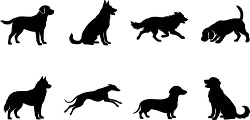 Obraz premium Black dog silhouette collection featuring multiple breeds varied postures canine vector design resources