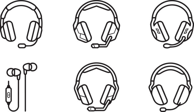 Collection of professional gaming headsets and small earbuds illustrated with bold black outlines on a clean plain white background surface