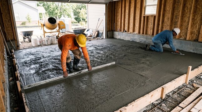 Professional construction workers leveling and smoothing a new concrete floor slab inside a building