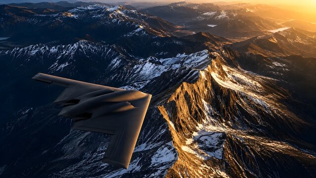 B-2 Spirit Stealth Bomber Flying Over Rugged Mountain Range at Sunset &ndash; Bird's-Eye Cinematic Aerial View