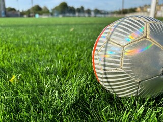 Close-up of soccer ball on artificial green turf with copy space on football field © Iryna