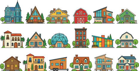 Collection of Different House Styles Including Victorian Barn Modern and Cottage Buildings for Real Estate and Architecture Designs © MD