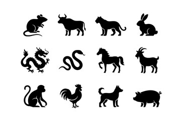 Fototapeta premium Chinese zodiac animal silhouettes set on white background