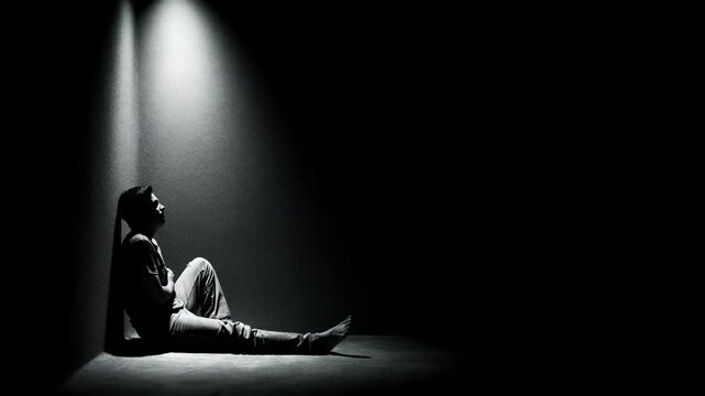Sad man sitting alone in dark room under spotlight. Psychological breakdown and mental health crisis. Lonely male struggling with internal pain and depression.