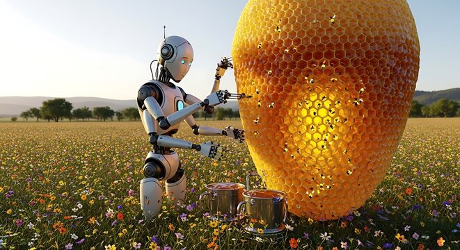 Humanoid Robot Harvesting Giant Honeycomb in Wildflower Meadow