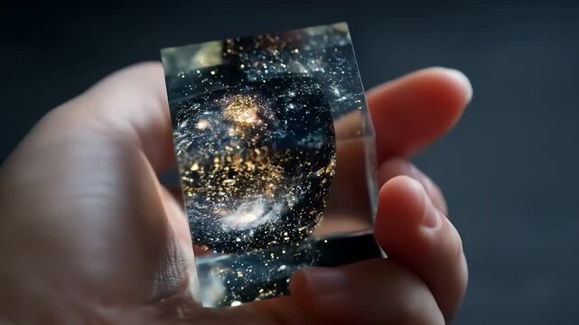 Hand holding transparent cube containing galaxy representation