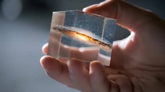 Hand holding transparent cube containing miniature glowing galaxy