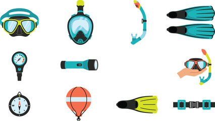 Diving Icon Vector Illustration Featuring Snorkel Mask, Fins, Compass, Flashlight, Buoy Marker, Weight Belt © Abdur