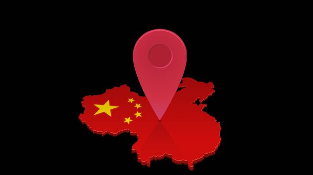 Red map pin pointer bouncing over the China country map with national flag. Travel and logistics destination concept. Chroma key green screen with alpha channel. (loopable)
