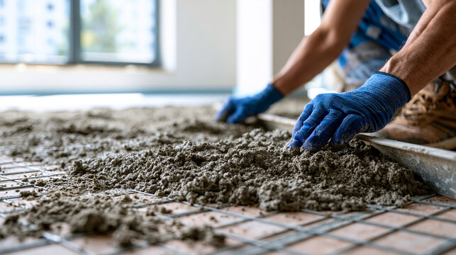 With perfect alignment, a low-angle perspective showing the installation of metal beacons and the first batch of wet cement floor screed being poured around them, with a worker's h