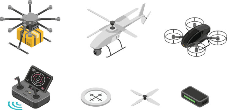 Isometric Drone and Unmanned Aerial Vehicle Vector Element Set Featuring Delivery Octocopter Helicopter Drone Quadcopter and Remote Controller Equipment