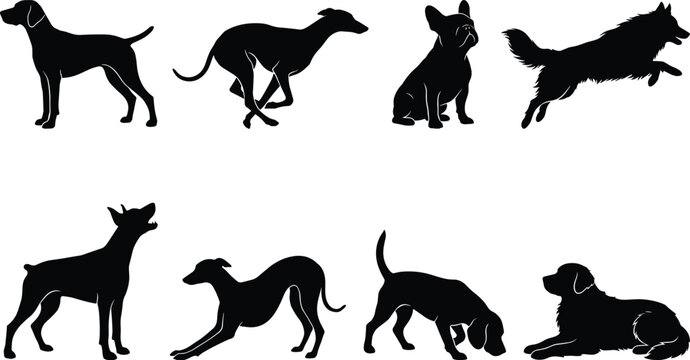 Black dog silhouette collection featuring multiple poses and breed variations for canine vector design resources