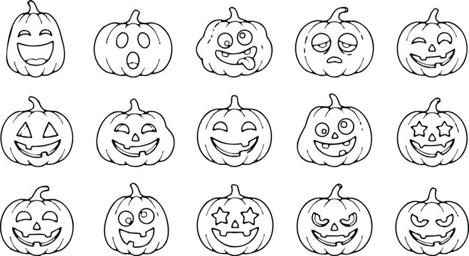 Collection of orange halloween pumpkins with funny faces halloween celebration