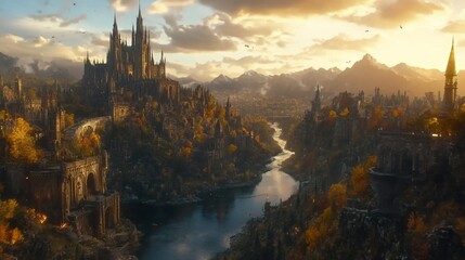 Naklejka premium Majestic Autumn Castle Valley Sunset Landscape