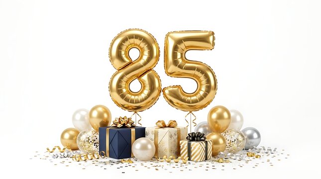 85th birthday celebration with gold balloons and gifts