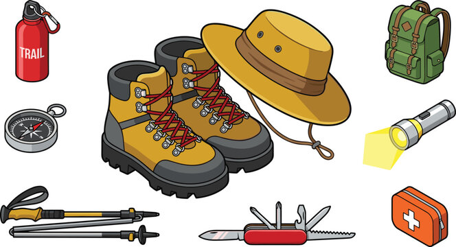 Hiking Gear Set with Boots, Hat, Backpack, Compass, Flashlight, Water Bottle, Multi Tool Knife, and First Aid Kit for Camping and Outdoor Adventure Design