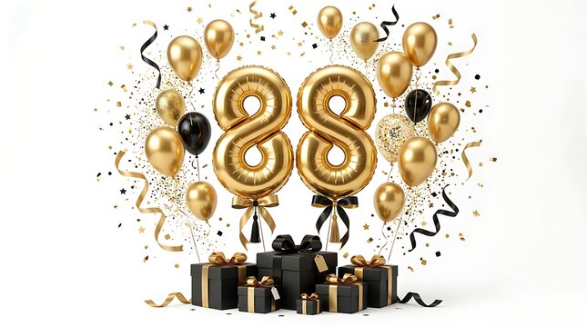 Golden 88th birthday celebration with balloons and gift boxes