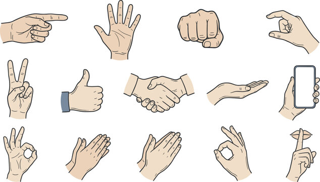 Hand Gesture Icon Vector Illustration Featuring Thumbs Up, Peace Sign, Smartphone Hold, Clap, Shh Motion