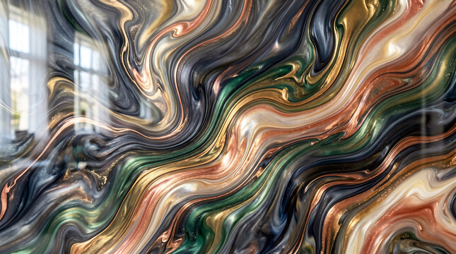 Abstract liquid marble painting featuring elegant swirling waves of metallic gold emerald green copper and deep charcoal grey pigment with a glossy reflective glass surface finish