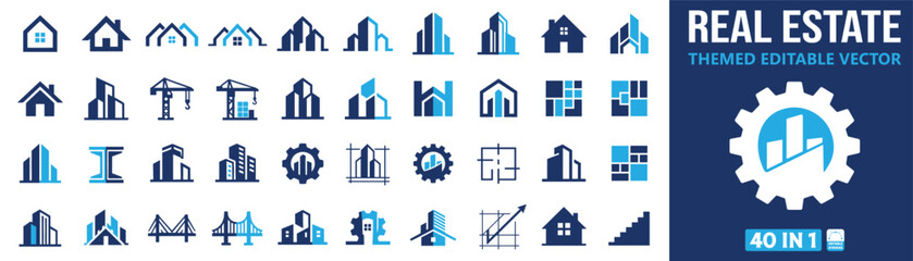 Real Estate Editable Vector Icons Set with House Home Building Apartment Tower Construction Bridge Property Architecture and Urban Development Symbols © Hasibnikon