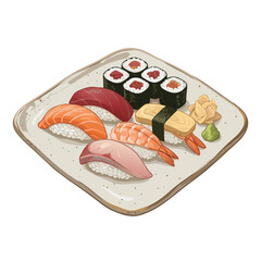 Delicious Japanese sushi assortment including nigiri and maki rolls served on a ceramic plate with wasabi and ginger, isolated vector illustration © Adi