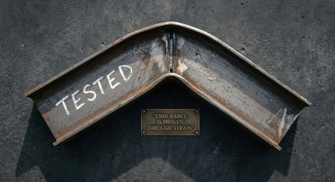 Metal beam corner with inscription about endurance and strain