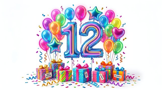 Festive 12th birthday celebration with balloons and gift presents